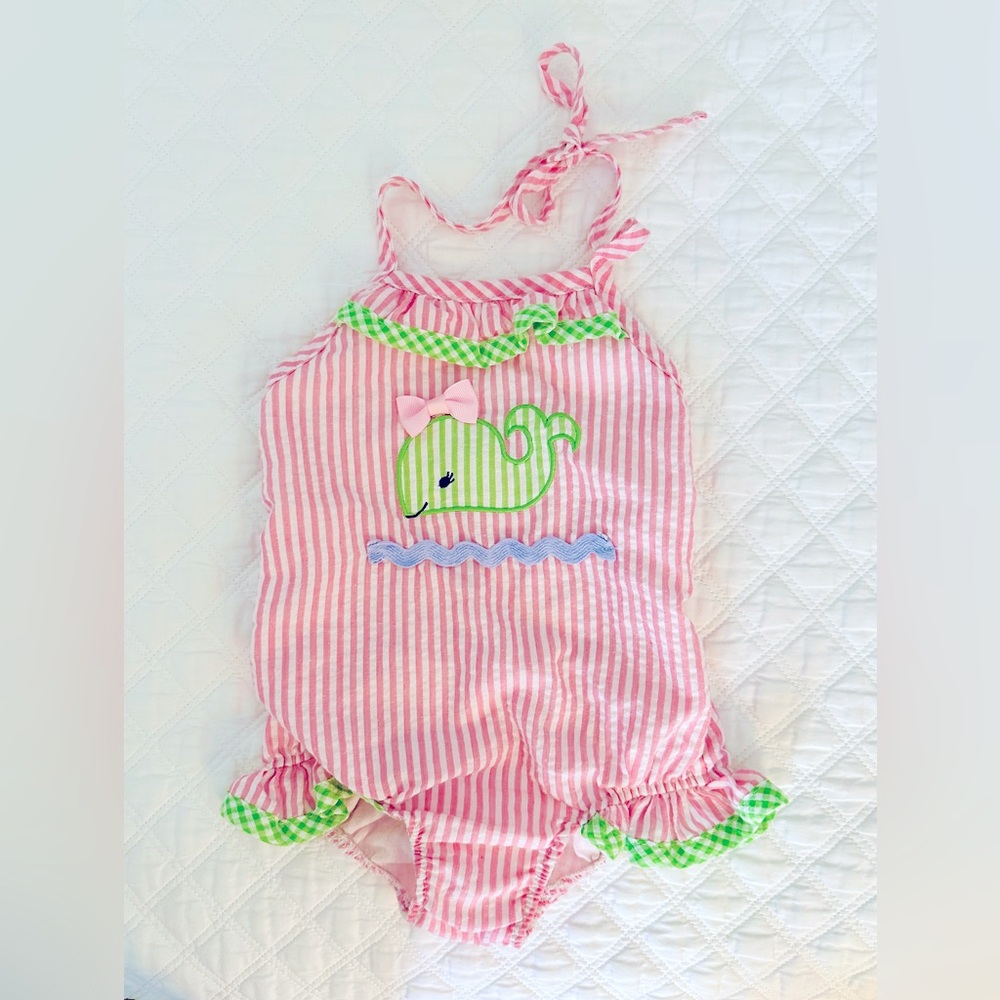 Classic Whimsy Girls Pink & Green Whale One Piece Seersucker Swimsuit - 3T
